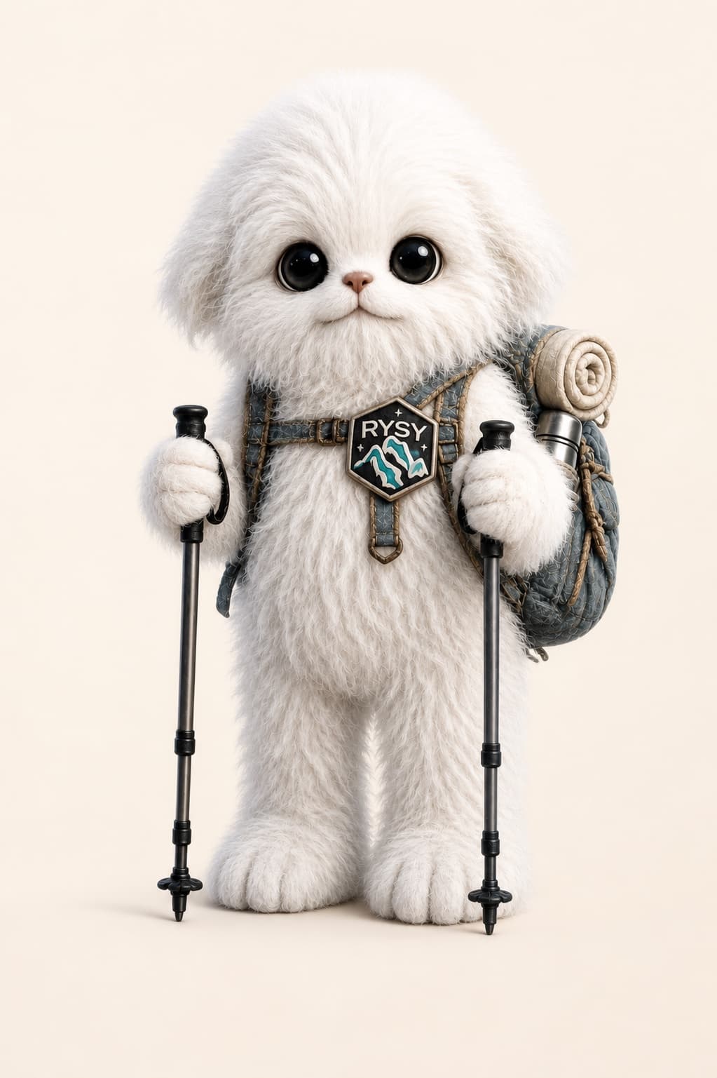 White 28 Summits mountain mascot with trekking poles and a Rysy badge.